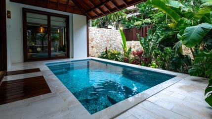 A serene outdoor spa with a private plunge pool, surrounded by tropical plants and flowers.