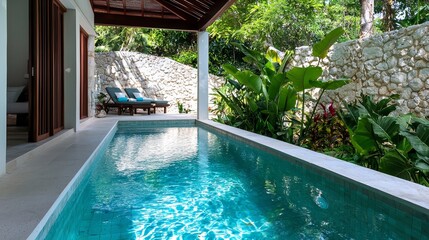 A serene outdoor spa with a private plunge pool, surrounded by tropical plants and flowers.