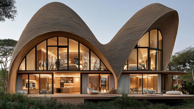 Stunning modern house with unique curved architecture, large glass windows, and luxurious wooden exterior surrounded by nature.
