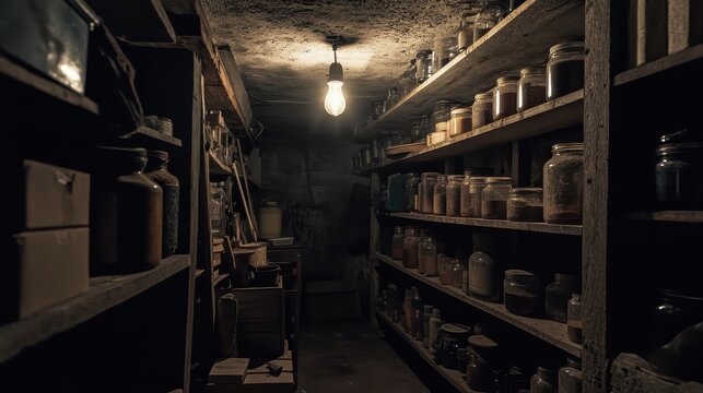 Dusty Old Cellar With Shelves Full of Jars and a Single Lightbulb - Vintage Interior Photography.