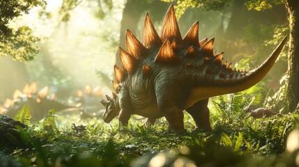 Stegosaurus Dinosaur in Lush Prehistoric Jungle with Morning Sun