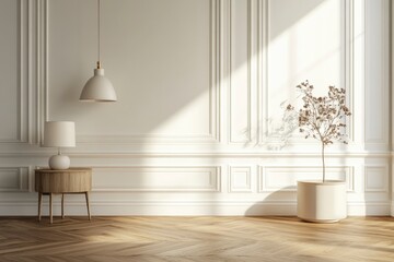 Luxury empty room with floor lamp and side table, hanging lamp, wall cornice and wood floor. 3d rendering with generative ai
