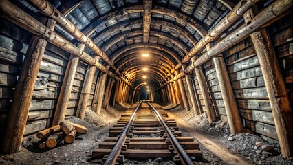 Coal tunnel with wooden stakes , coal, tunnel, underground, mine, industrial, dark, wooden stakes, support