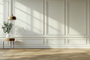 Luxury empty room with floor lamp and side table, hanging lamp, wall cornice and wood floor. 3d rendering with generative ai