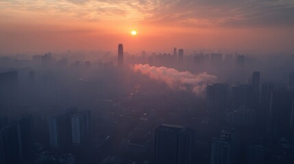 Fototapeta premium Stunning Sunset Over Smog-Filled Cityscape with High-Rise Buildings