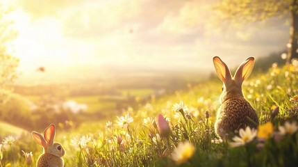 Golden Hour Bunnies: Two adorable bunnies nestled in a vibrant meadow, bathed in the warm glow of the setting sun. A picturesque scene of springtime serenity. 