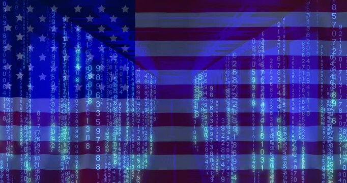 Binary code and data streams animation over American flag background