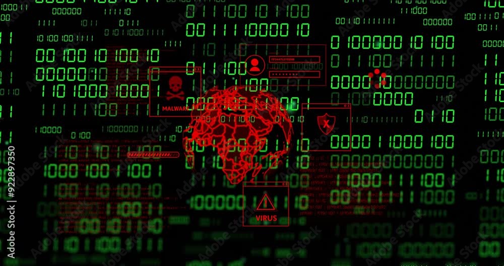 Poster cybersecurity threats and malware warnings animation over binary code background