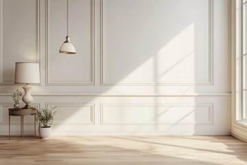 Fototapeta premium Luxury empty room with floor lamp and side table, hanging lamp, wall cornice and wood floor. 3d rendering with generative ai
