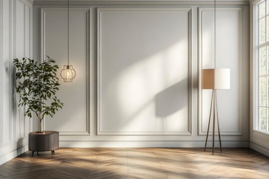 Luxury empty room with floor lamp and side table, hanging lamp, wall cornice and wood floor. 3d rendering with generative ai