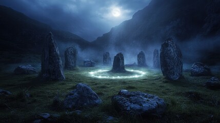 Mysterious Stone Circle in a Foggy Mountain Valley Under a Full Moon
