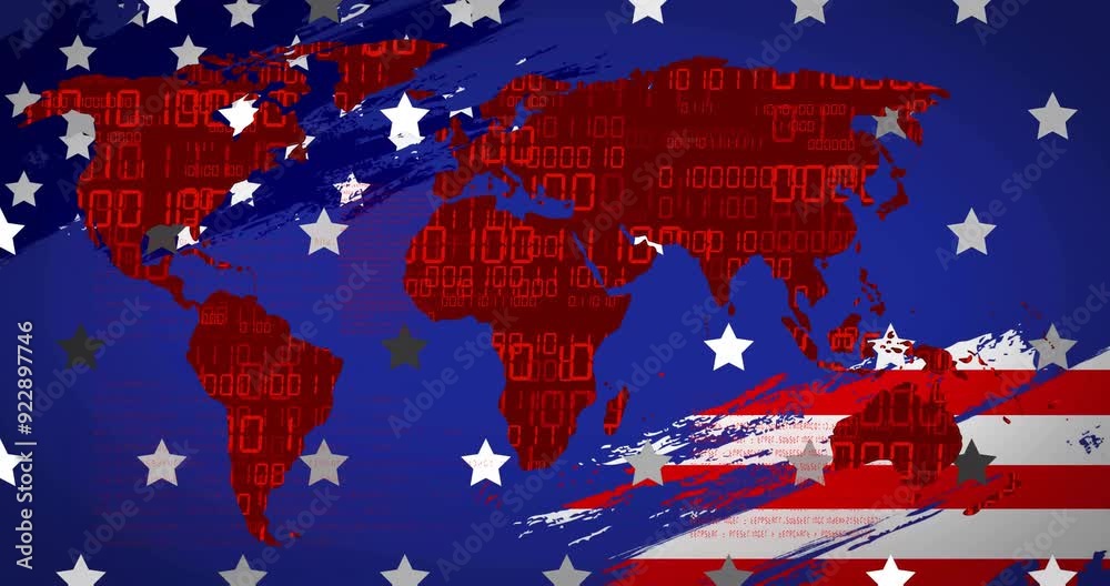 Poster world map with binary code and stars and stripes animation