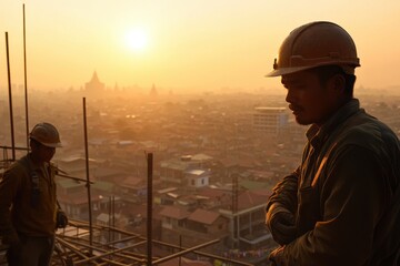 construction worker wearing hard hat on scaffolding in building construction for safety purpose