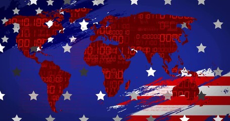 World map with binary code and stars and stripes animation - Powered by Adobe