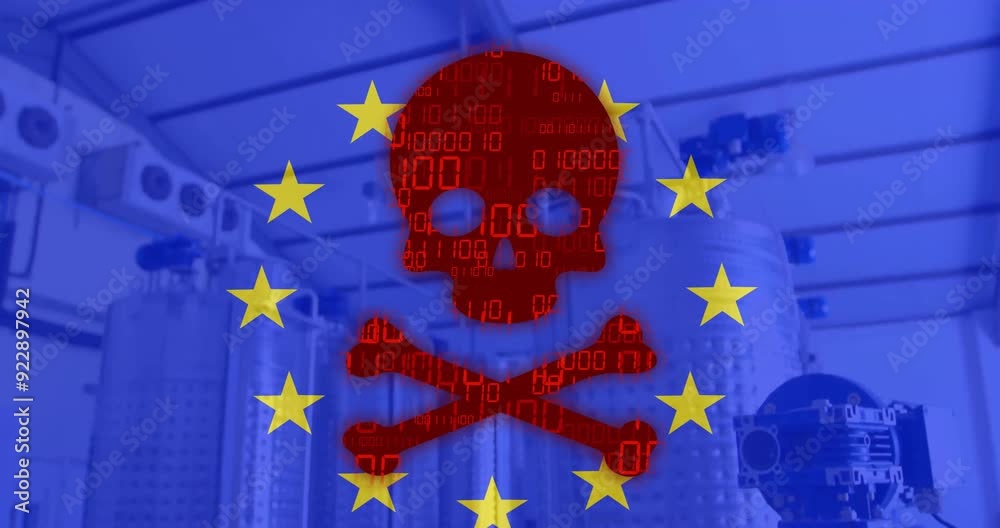 Poster red skull and crossbones with binary code over eu stars and industrial background