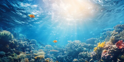 Fototapeta premium Undersea Celebration: Joyful Fish Gliding Through Ocean Depths in Honor of World Oceans Day.