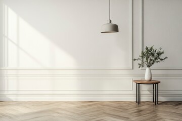 Luxury empty room with floor lamp and side table, hanging lamp, wall cornice and wood floor. 3d rendering with generative ai