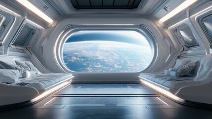 Futuristic Spaceship Interior with Earth View from Window.