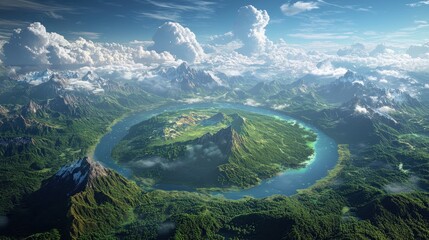 Aerial View of a Lush Green Island Surrounded by a Ring of Water and Snow-Capped Mountains