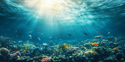 Obraz premium Undersea Celebration: Joyful Fish Gliding Through Ocean Depths in Honor of World Oceans Day.