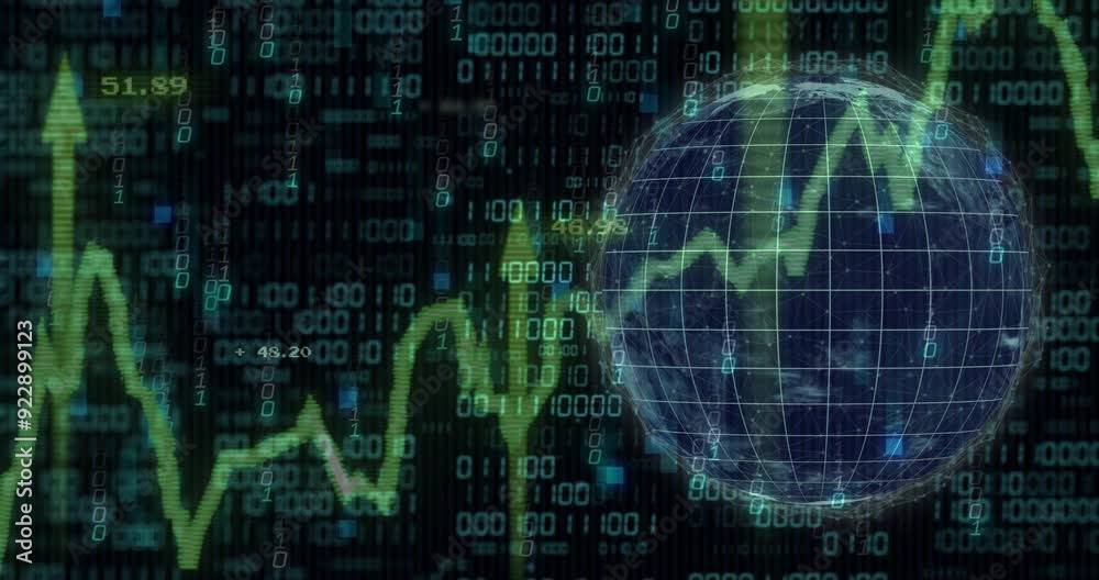 Poster financial data and binary coding animation over globe with stock market trends