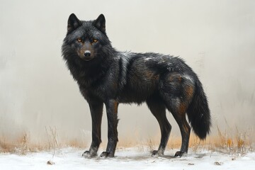 Fototapeta premium A black wolf stands poised in a foggy, autumnal field. Its dark fur contrasts with the misty background, creating an atmosphere of mystery and solitude, with an alert and commanding presence