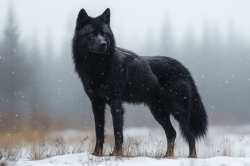 Obraz premium A black wolf stands in a snowy landscape, snowflakes gently fall around it. The wolf's amber eyes pierce through the foggy atmosphere, blending seamlessly with the muted winter backdrop
