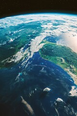 Fototapeta premium A detailed view of Earth's surface and continents from space, with lush green landscapes and vast blue oceans. The scene highlights the natural beauty and diversity of our planet as seen from above