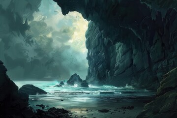 Sea Cave with Dramatic Lighting