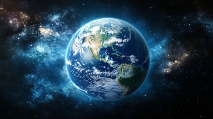 Obraz premium A stunning view of Earth from space, showcasing the vibrant blue oceans, green continents, and swirling white clouds. The vastness of space contrasts with the beauty and fragility of our planet
