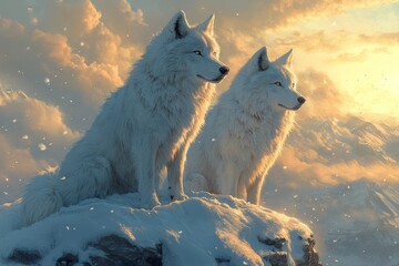 Two white wolves sit atop a snowy mountain peak during a breathtaking sunset, their fur illuminated by the warm golden light, creating a serene and majestic scene