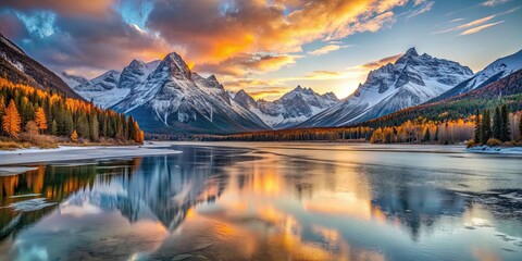 Frozen lake with glaciers in autumn-winter, snow-covered mountain range, and colorful sunset at dusk , frozen lake