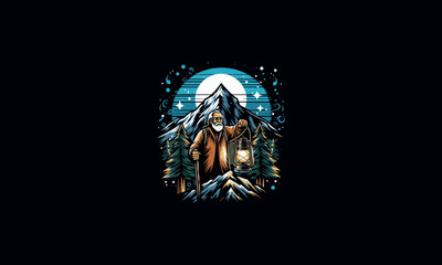 grandpa holding lantern on mountain vector artwork design