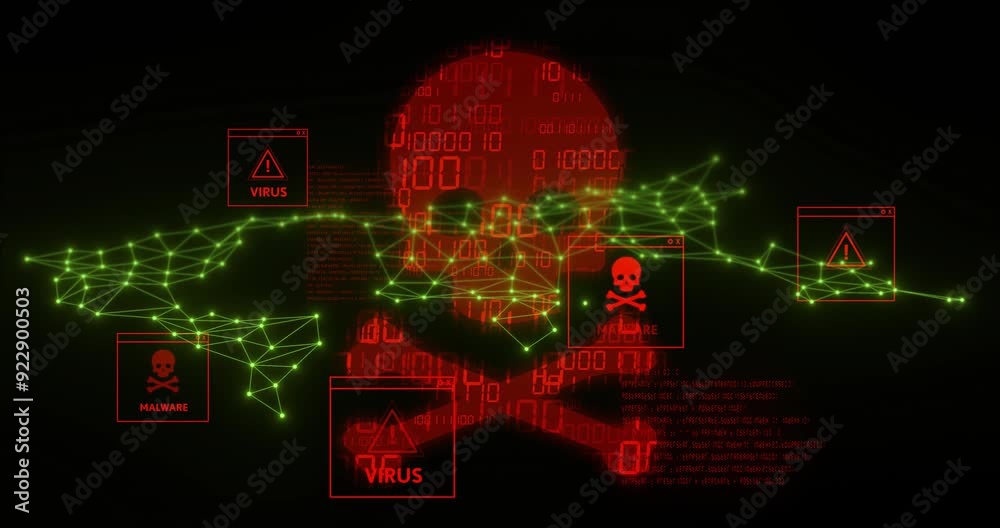 Poster virus alerts and malware warnings animation with skull and crossbones over binary code