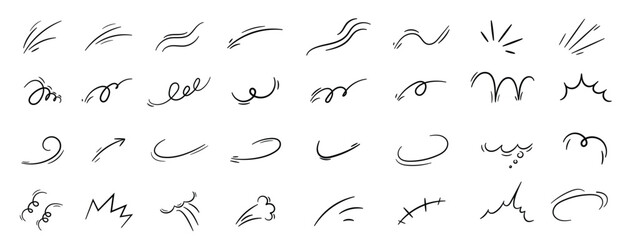 Expression and movement elements. Hand drawn emotion line, effects. Abstract hitting, jumping animation. Doodle curves, swirl, shape, motion. Vector set.