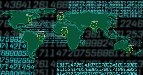 World map with clocks showing different time zones and binary code animation