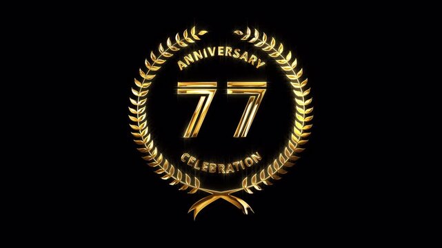 77th Anniversary Celebration. Happy 77 Years Anniversary Animation in Gold Color on the Transparent Background, Alpha Channel. Great for greetings, celebrations, events, and gifts.