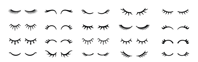 Cartoon eyelashes. Cute close eye with lash, girl face with mascara lashes, woman makeup, sleeping beauty. Funny closed unicorn eyes. Vector set