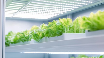 Fresh lettuce growing under LED lights in a modern indoor garden.