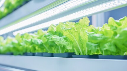 Lettuce growing in an indoor hydroponic farm with LED lighting.