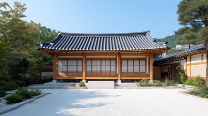 Fototapeta premium Traditional Korean house with a serene garden in a mountainous area during daylight.