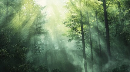 Enchanted Forest Dawn: Sunbeams pierce through a misty, ethereal woodland, illuminating the vibrant green canopy in a captivating display of nature's magic. 