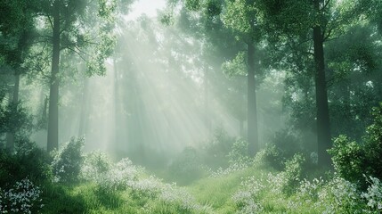Fototapeta premium Sunbeams Through the Forest: A mystical and serene landscape bathed in warm sunlight filtering through dense trees and mist, creating an enchanting, ethereal atmosphere. 