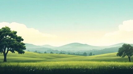 Naklejka premium Serene Valley Vista: A picturesque, minimalist landscape of rolling green hills, bathed in the soft glow of dawn, invites tranquility and escape. 