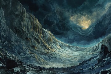 A Glimpse of Golden Light in a Dark, Rocky Landscape