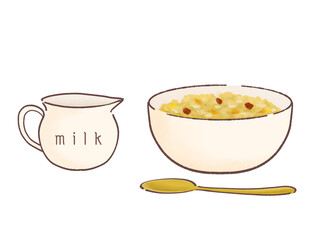 ボウルに入ったグラノーラとミルクのイラスト