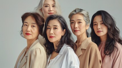Fototapeta premium Portrait of group of middle aged Asian women with natural color clothes. Skin care. Cosmetics. Anti-aging.