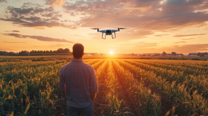 Fototapeta premium Drone Flying Over a Field at Sunset