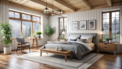 Obraz premium Scandinavian interior design style master bedroom
