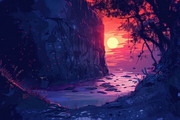 Silhouetted Cliffside at Sunset